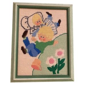 Needlepoint Homemade Framed Jack & Jill 9”x11” wall decor children nursery rhyme